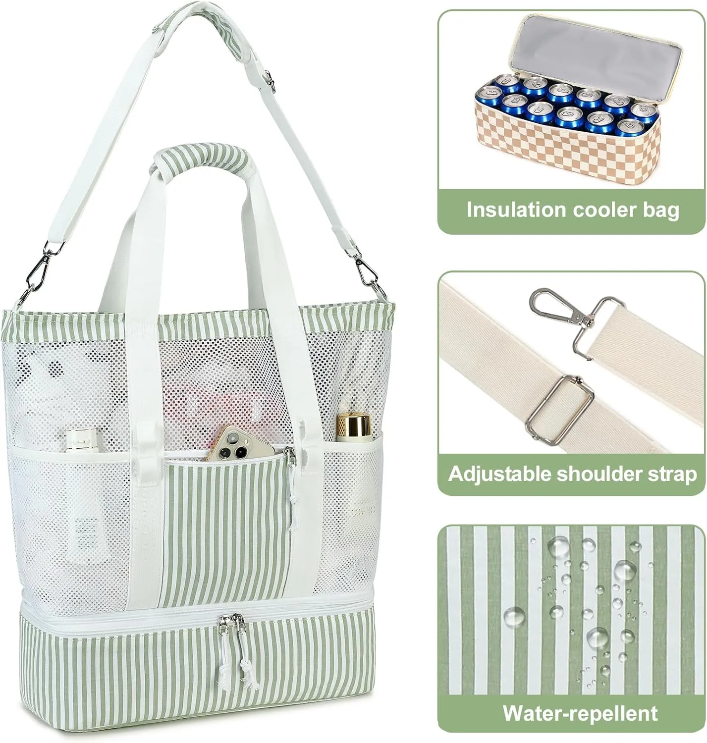Bluboon Mesh Beach Tote Bag with Cooler Compartment Insulated Detachable Picnic Bag with Zipper and Pocket Pool Bag for Women