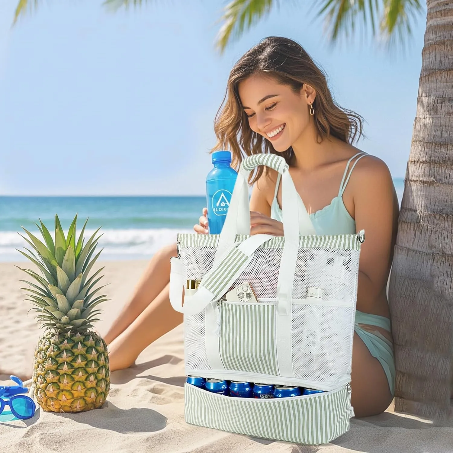 Bluboon Mesh Beach Tote Bag with Cooler Compartment Insulated Detachable Picnic Bag with Zipper and Pocket Pool Bag for Women