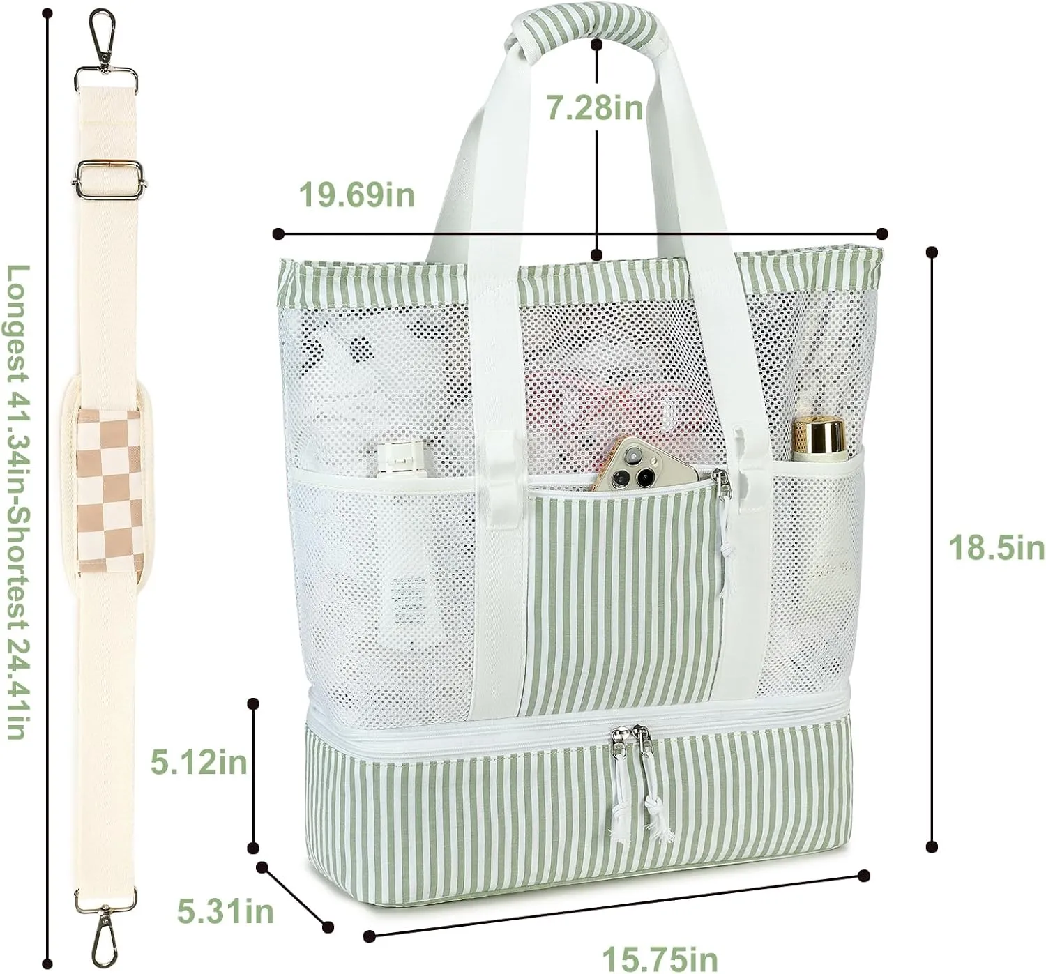 Bluboon Mesh Beach Tote Bag with Cooler Compartment Insulated Detachable Picnic Bag with Zipper and Pocket Pool Bag for Women