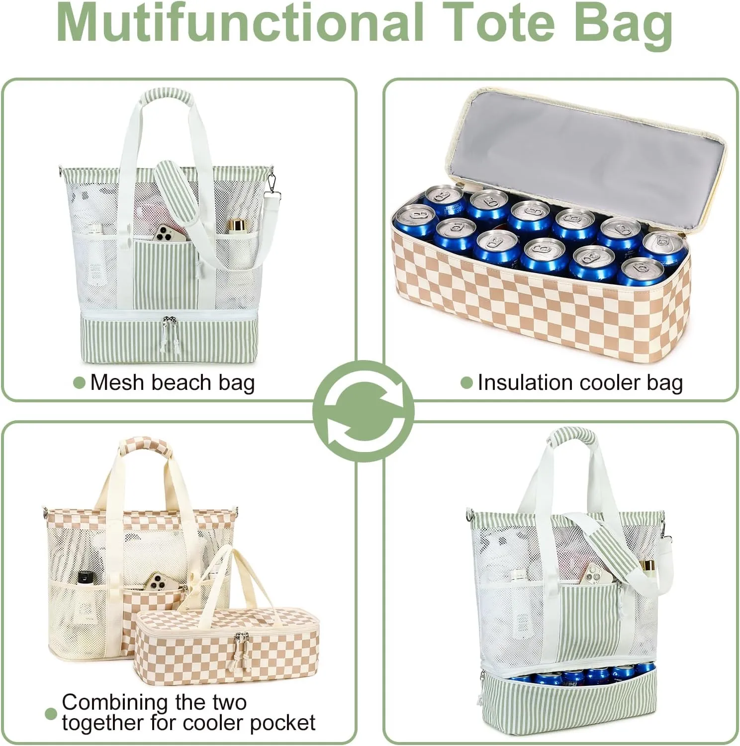 Bluboon Mesh Beach Tote Bag with Cooler Compartment Insulated Detachable Picnic Bag with Zipper and Pocket Pool Bag for Women