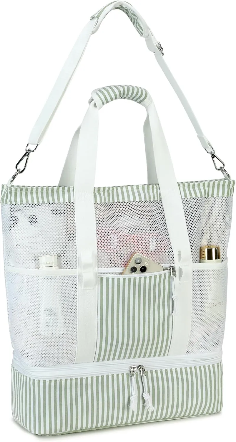Bluboon Mesh Beach Tote Bag with Cooler Compartment Insulated Detachable Picnic Bag with Zipper and Pocket Pool Bag for Women