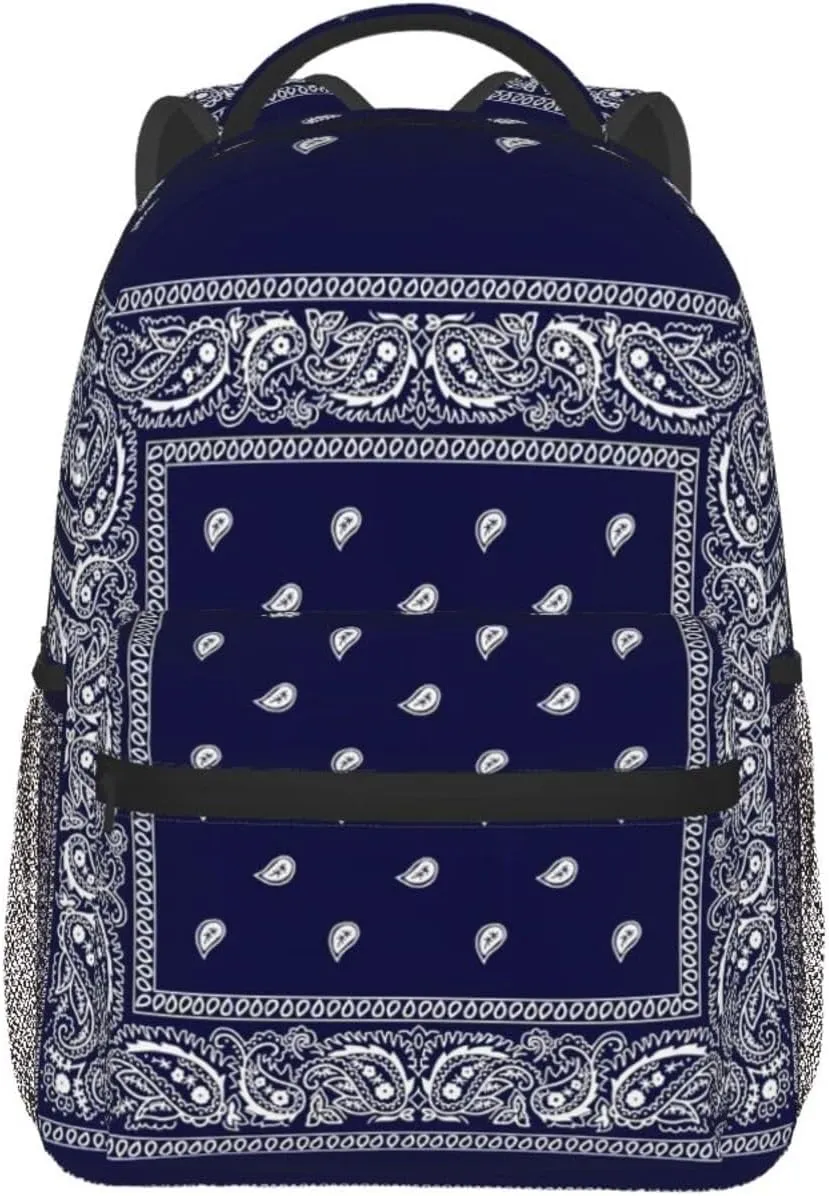 Blue Bandana Paisley Border Print Backpack Laptop Backpack Sports Travel Shoulder bag Light casual backpack