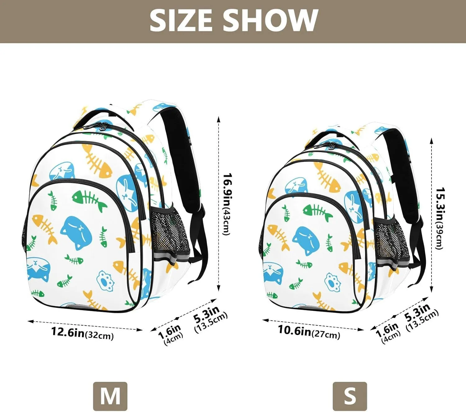 Blue Cat and Fish Bone Paw Backpack Bookbag School Bag with Pockets for Kids Girls Boys Toddler Toddlers Small Bookbags Schoolbag Travel Ages 3-14