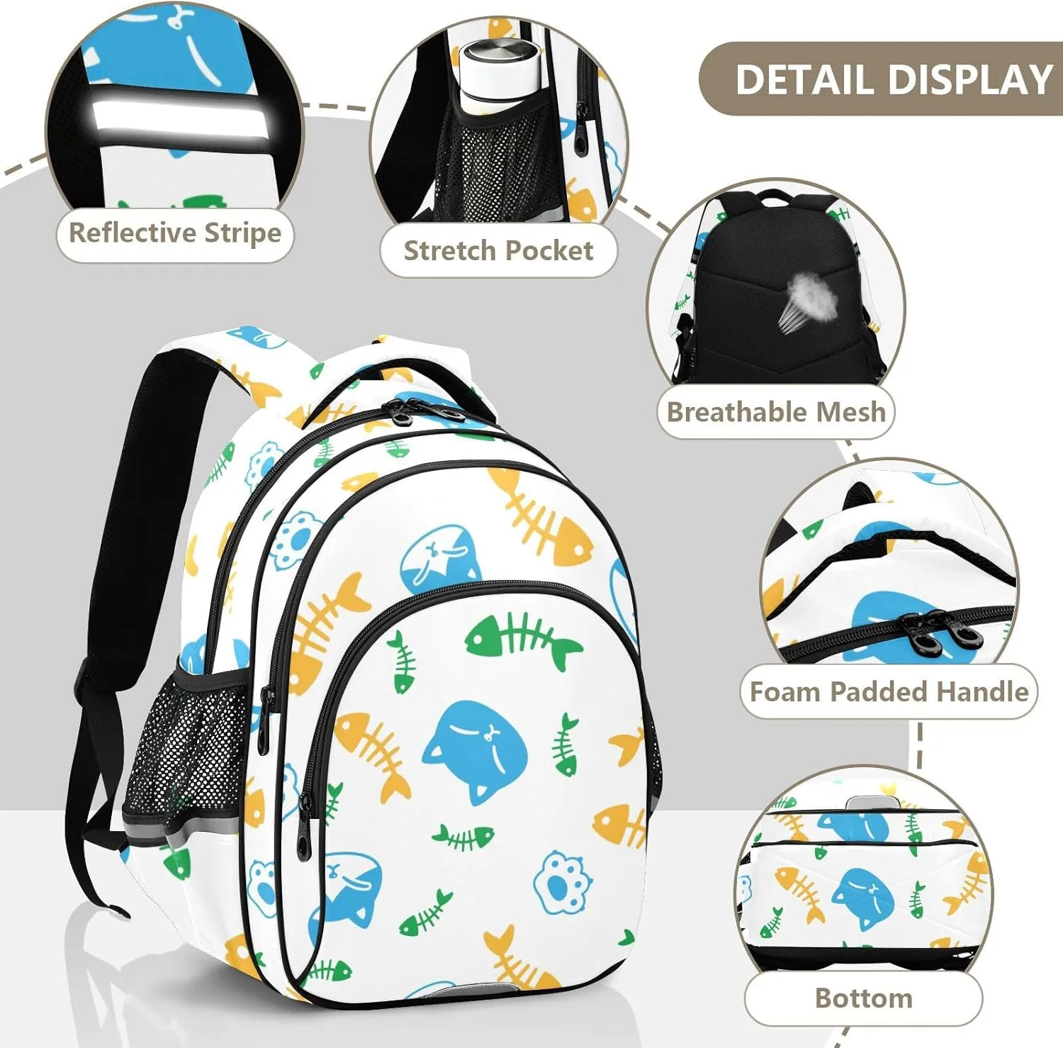 Blue Cat and Fish Bone Paw Backpack Bookbag School Bag with Pockets for Kids Girls Boys Toddler Toddlers Small Bookbags Schoolbag Travel Ages 3-14