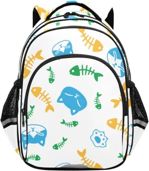Blue Cat and Fish Bone Paw Backpack Bookbag School Bag with Pockets for Kids Girls Boys Toddler Toddlers Small Bookbags Schoolbag Travel Ages 3-14