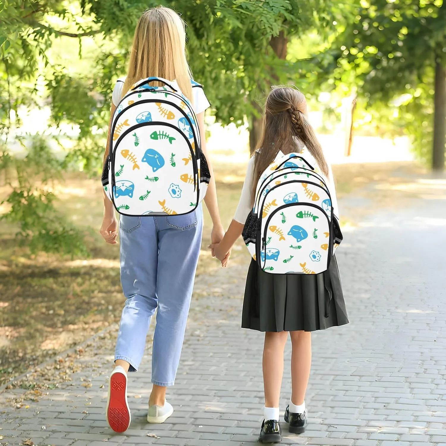 Blue Cat and Fish Bone Paw Backpack Bookbag School Bag with Pockets for Kids Girls Boys Toddler Toddlers Small Bookbags Schoolbag Travel Ages 3-14