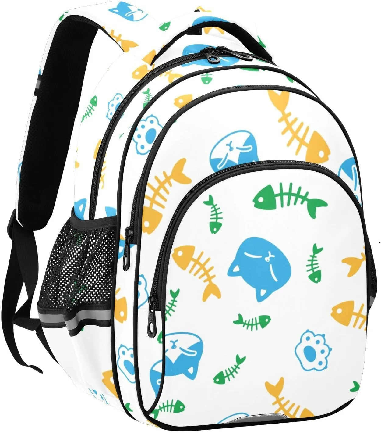 Blue Cat and Fish Bone Paw Backpack Bookbag School Bag with Pockets for Kids Girls Boys Toddler Toddlers Small Bookbags Schoolbag Travel Ages 3-14