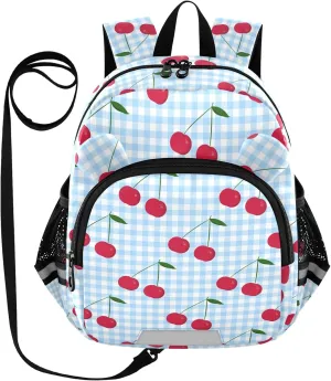 Blue Check Cherry Preschool Backpack Retro Style Daycare Bookbag School Backpack with Traction Rope for Kids 3-6