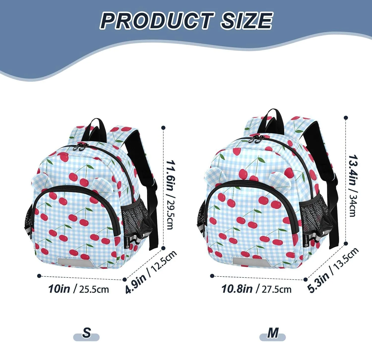 Blue Check Cherry Preschool Backpack Retro Style Daycare Bookbag School Backpack with Traction Rope for Kids 3-6