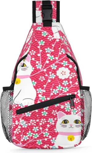 Blue Cherry Blossom Lucky Cat Sling Backpack for Men Women, Casual Crossbody Shoulder Bag, Lightweight Chest Bag Daypack for Gym Cycling Travel Hiking Outdoor Sports