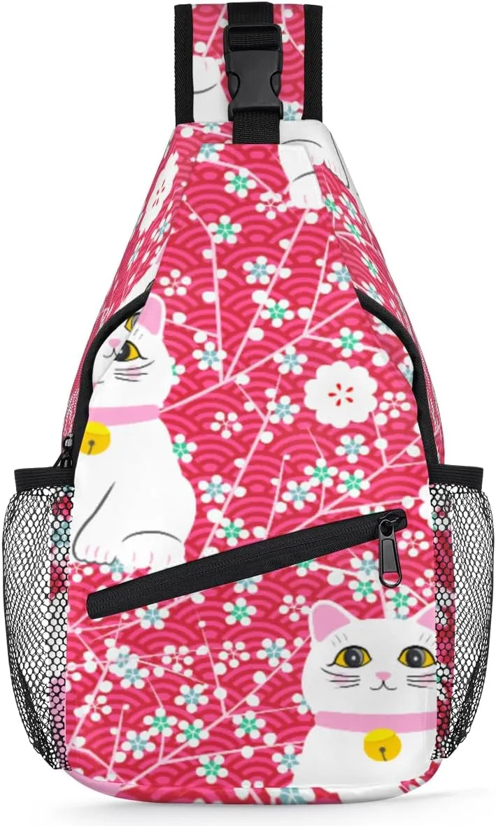 Blue Cherry Blossom Lucky Cat Sling Backpack for Men Women, Casual Crossbody Shoulder Bag, Lightweight Chest Bag Daypack for Gym Cycling Travel Hiking Outdoor Sports