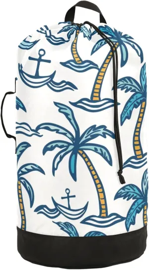 Blue Coconut Palm Spear Laundry Backpack Bag with Drawstring Closure Waterproof Laundry Bag Laundry Hamper Clothes Storage for Travel Laundromat Apartment