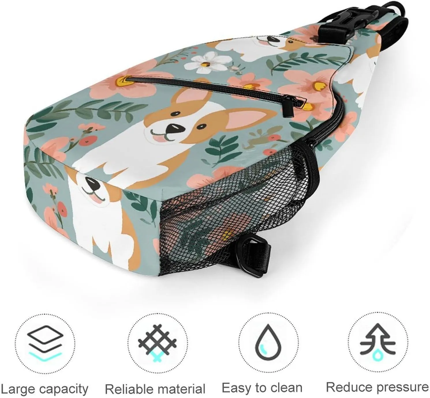 Blue Floral Sling Bag Lightweight Crossbody Chest Pack Travel Shoulder Bag with Adjustable Strap