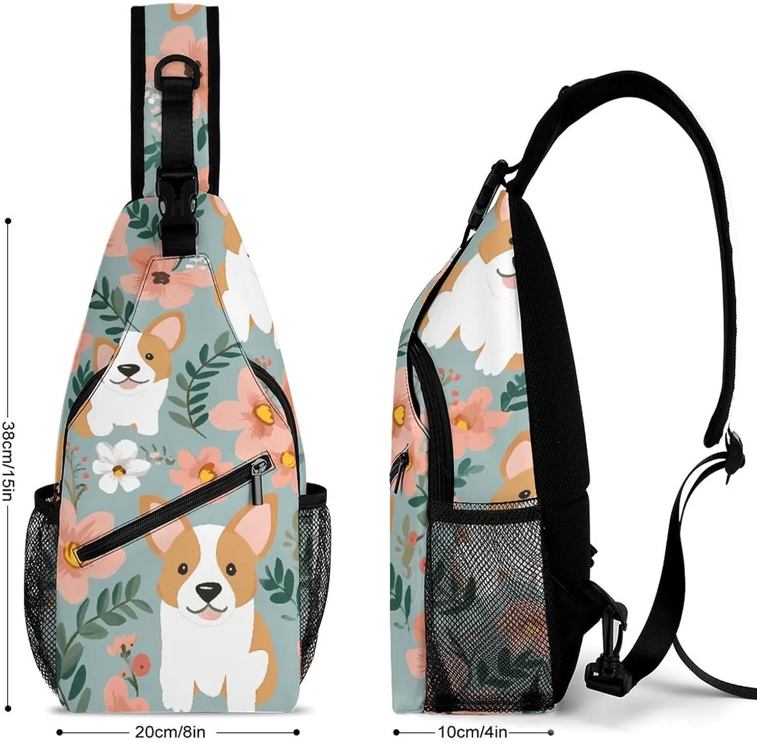 Blue Floral Sling Bag Lightweight Crossbody Chest Pack Travel Shoulder Bag with Adjustable Strap