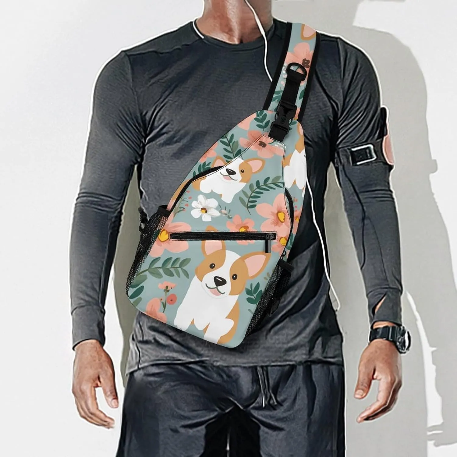 Blue Floral Sling Bag Lightweight Crossbody Chest Pack Travel Shoulder Bag with Adjustable Strap