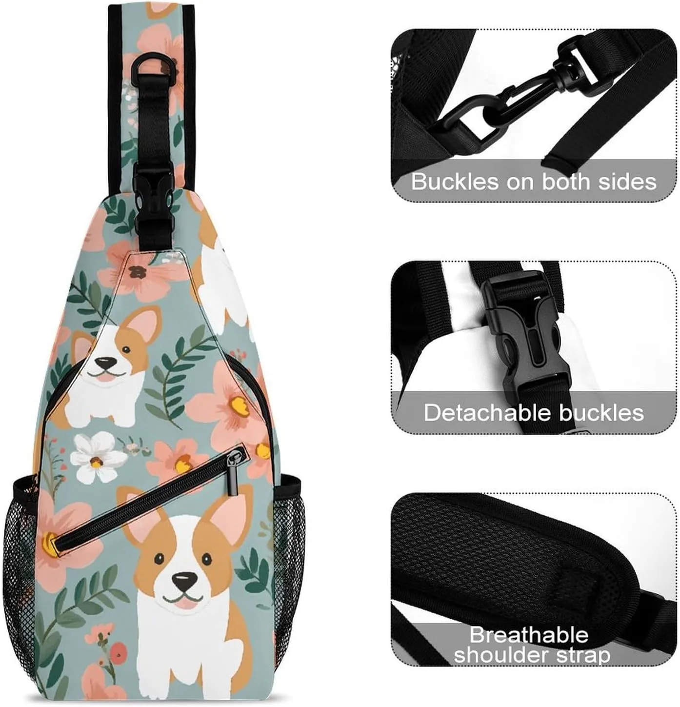 Blue Floral Sling Bag Lightweight Crossbody Chest Pack Travel Shoulder Bag with Adjustable Strap