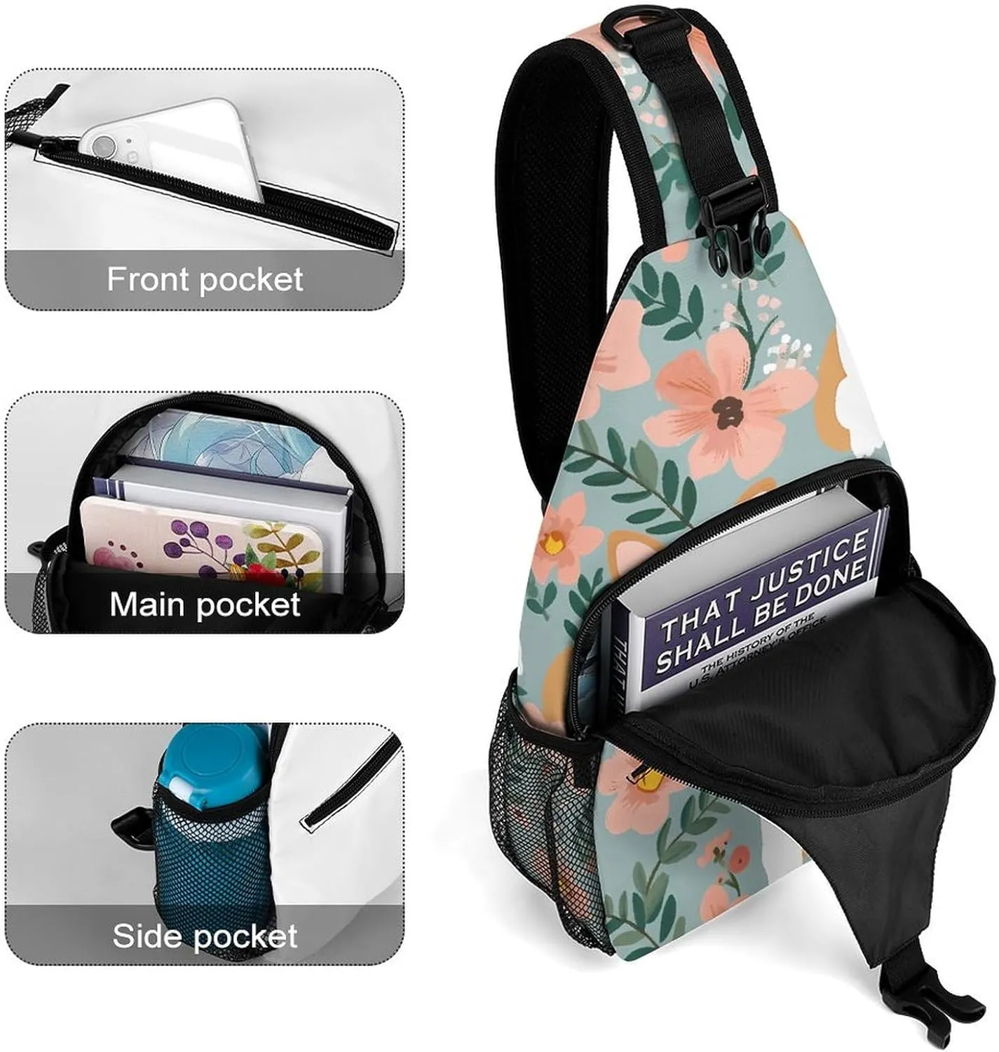 Blue Floral Sling Bag Lightweight Crossbody Chest Pack Travel Shoulder Bag with Adjustable Strap