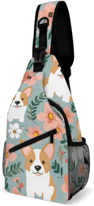 Blue Floral Sling Bag Lightweight Crossbody Chest Pack Travel Shoulder Bag with Adjustable Strap