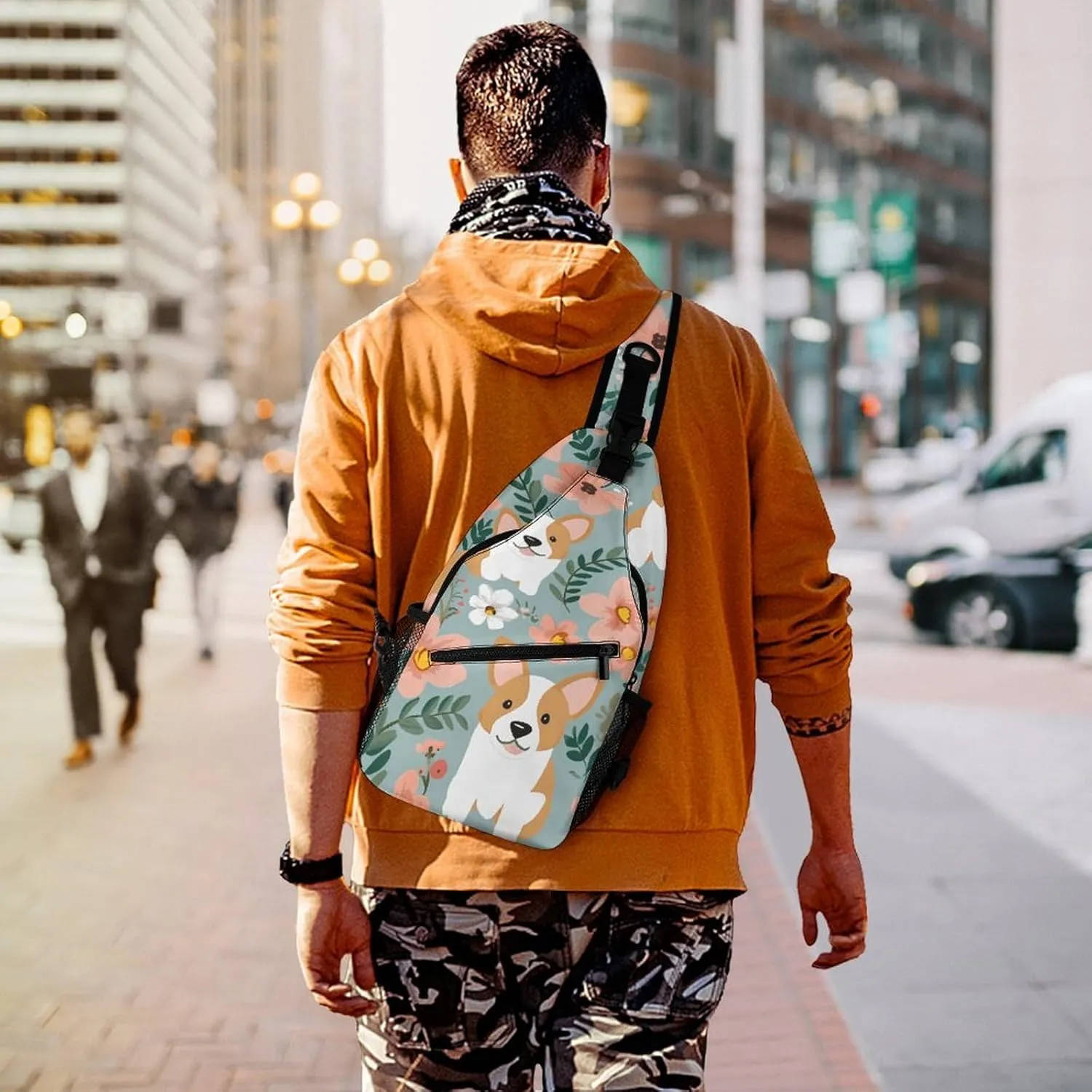Blue Floral Sling Bag Lightweight Crossbody Chest Pack Travel Shoulder Bag with Adjustable Strap