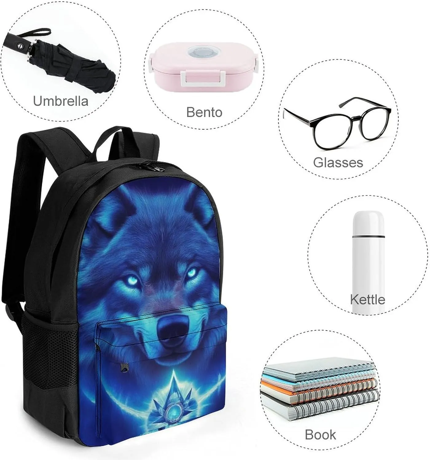Blue Space Magic Wolf Art Daypack Lightweight Multipurpose Anti-Theft Shoulder Bag Large Capacity Laptop Book Bag Rucksack With Adjustable Shoulder Straps