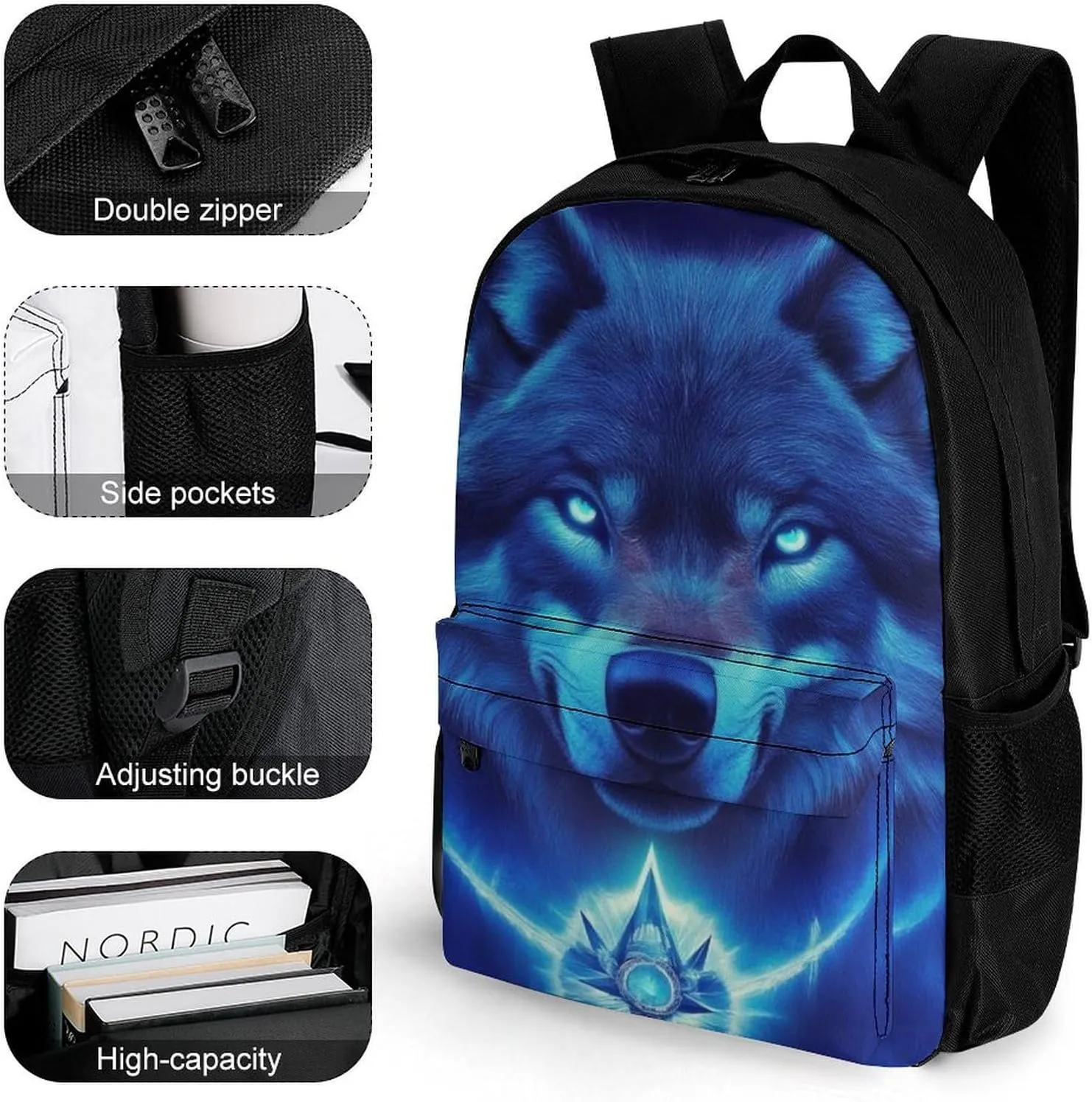Blue Space Magic Wolf Art Daypack Lightweight Multipurpose Anti-Theft Shoulder Bag Large Capacity Laptop Book Bag Rucksack With Adjustable Shoulder Straps