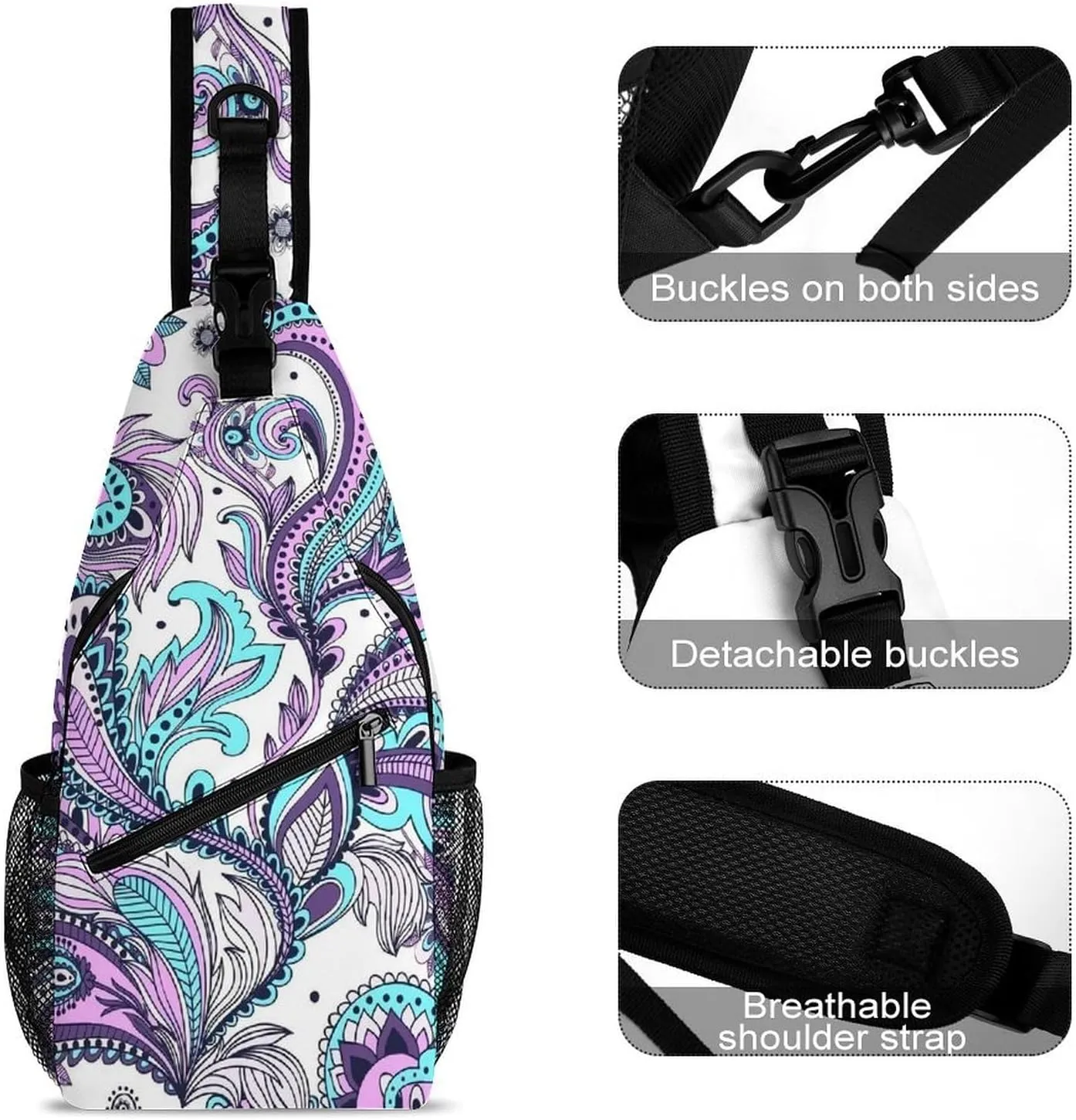 Blue Teal Purple Paisley A Spacious And Large Capacity Portable Adjustable Chest Bag
