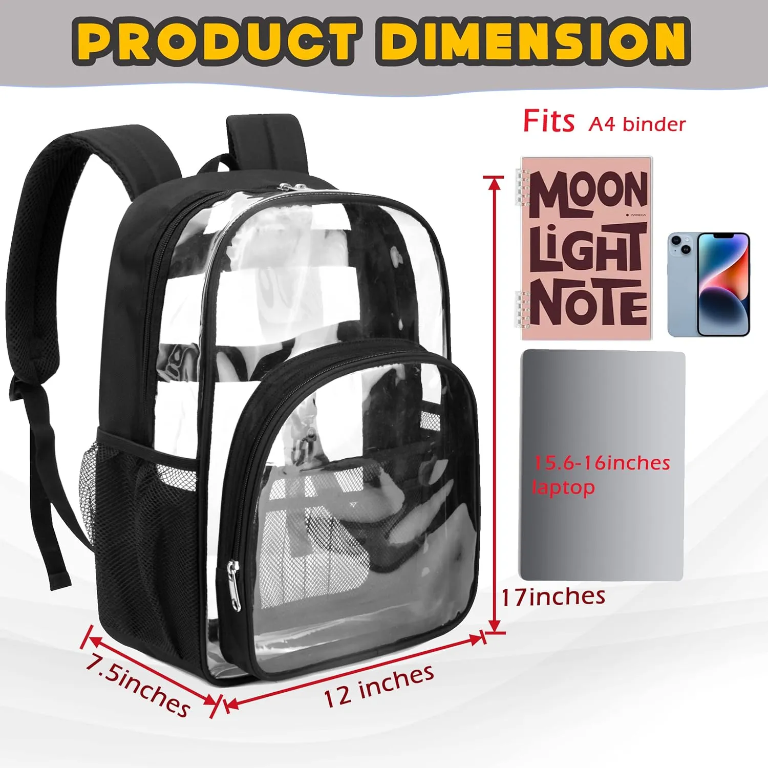 BLUEFAIRY Clear Backpack for School Stadium Approved 17 Inch Large XL PVC See Through Bag for Kids Heavy Duty Transparent Bag for Boys Girls Students Events Mochilas Escolares para Niños Black