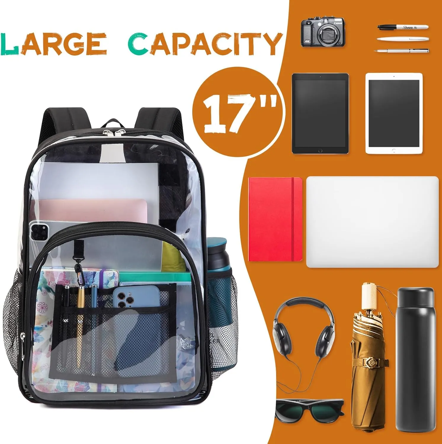 BLUEFAIRY Clear Backpack for School Stadium Approved 17 Inch Large XL PVC See Through Bag for Kids Heavy Duty Transparent Bag for Boys Girls Students Events Mochilas Escolares para Niños Black