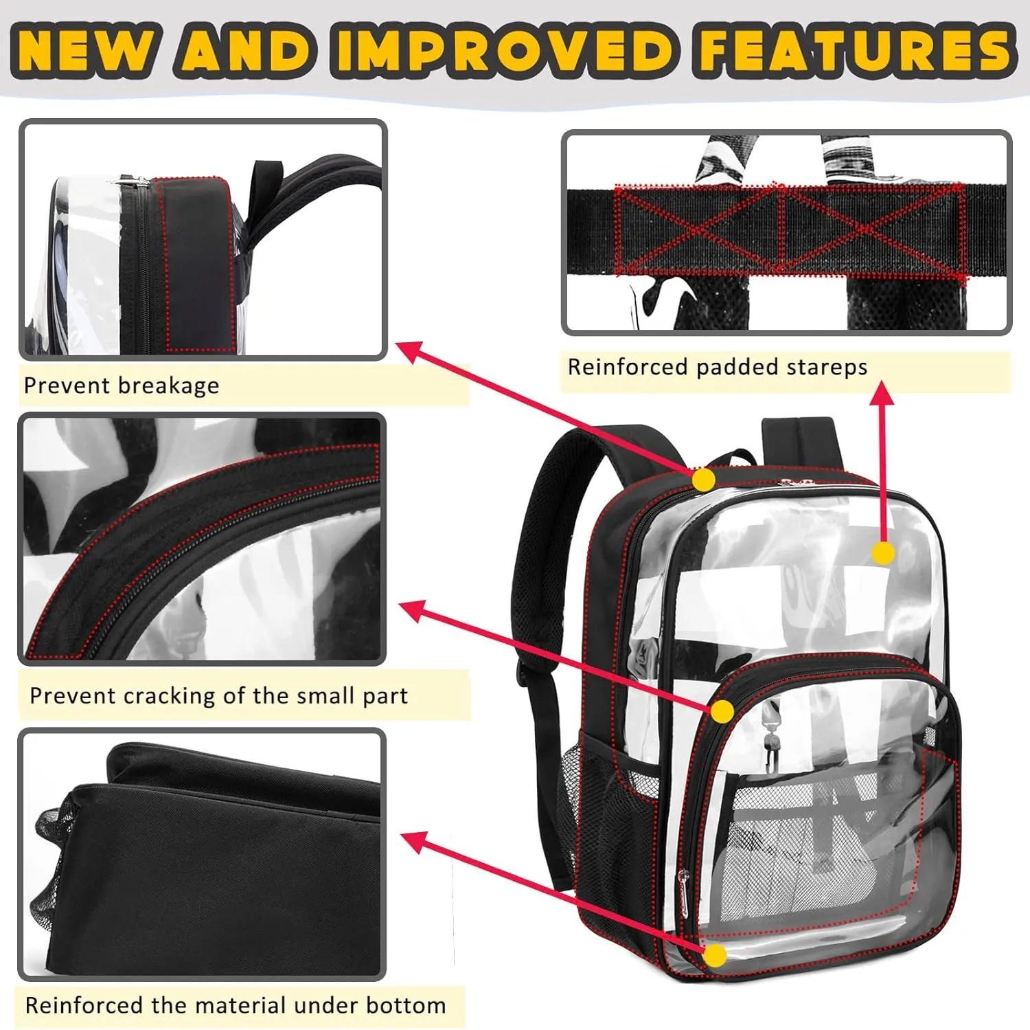 BLUEFAIRY Clear Backpack for School Stadium Approved 17 Inch Large XL PVC See Through Bag for Kids Heavy Duty Transparent Bag for Boys Girls Students Events Mochilas Escolares para Niños Black