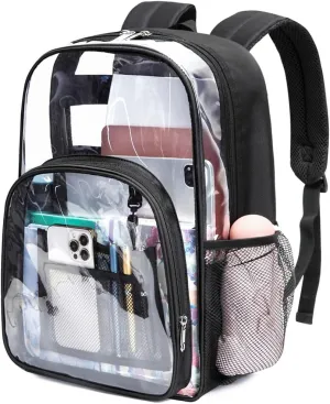 BLUEFAIRY Clear Backpack for School Stadium Approved 17 Inch Large XL PVC See Through Bag for Kids Heavy Duty Transparent Bag for Boys Girls Students Events Mochilas Escolares para Niños Black
