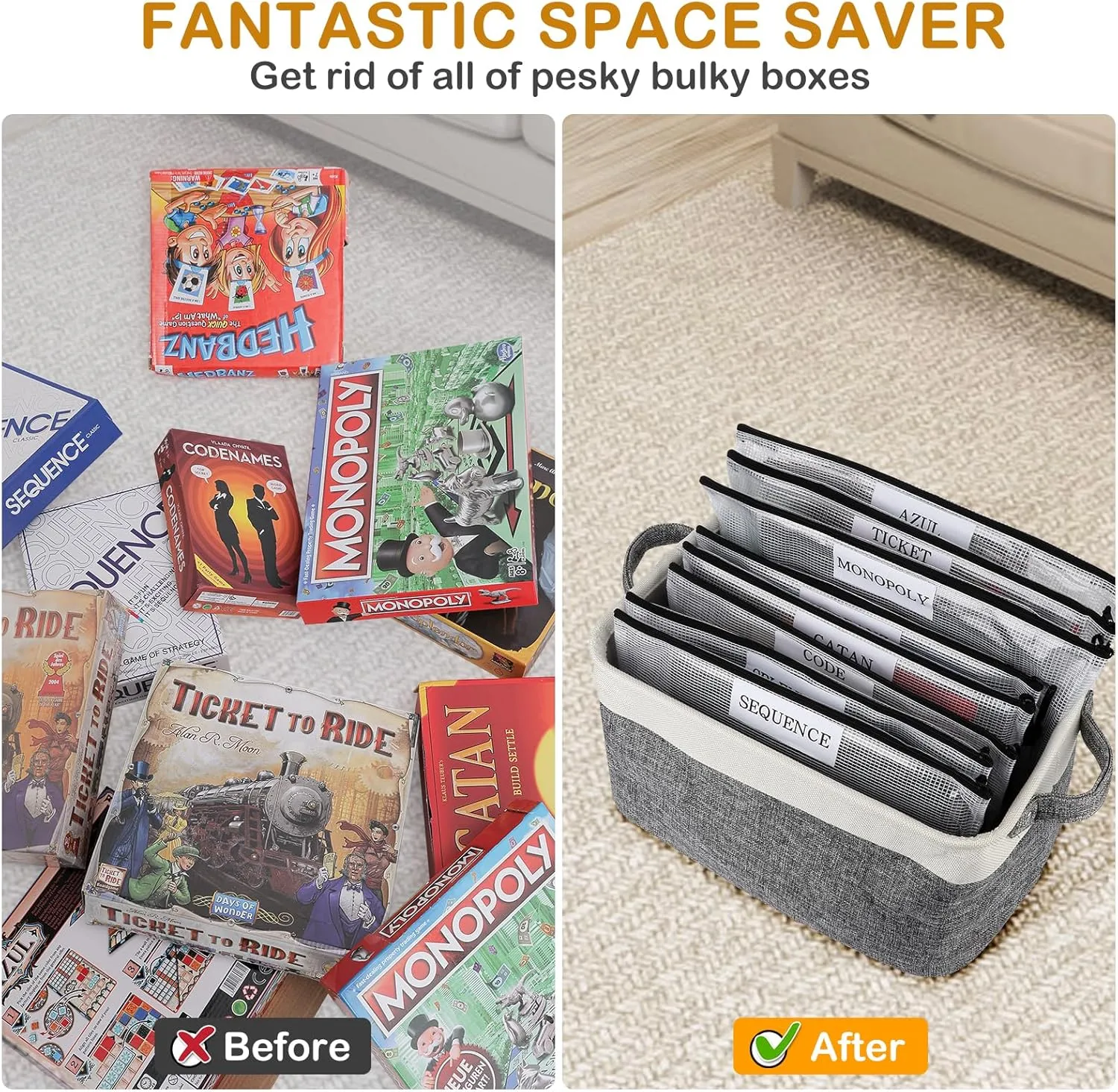 Board Game Storage Kit Include 2 Storage Basket and 20pcs Zipper Bags, Board Game Organizer with Writable Stickers and Dispensing, Suitable for Puzzle Storage, Toys, Building Blocks, Document