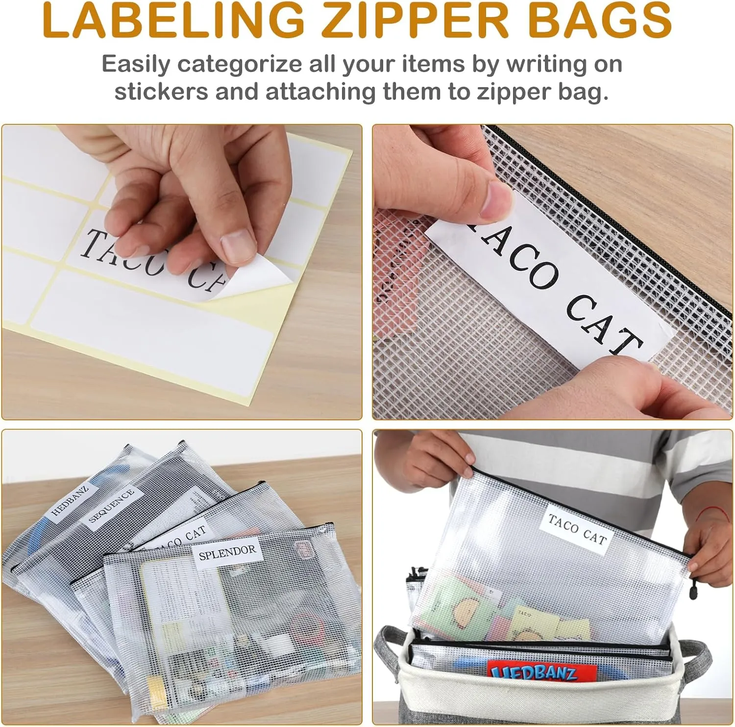 Board Game Storage Kit Include 2 Storage Basket and 20pcs Zipper Bags, Board Game Organizer with Writable Stickers and Dispensing, Suitable for Puzzle Storage, Toys, Building Blocks, Document
