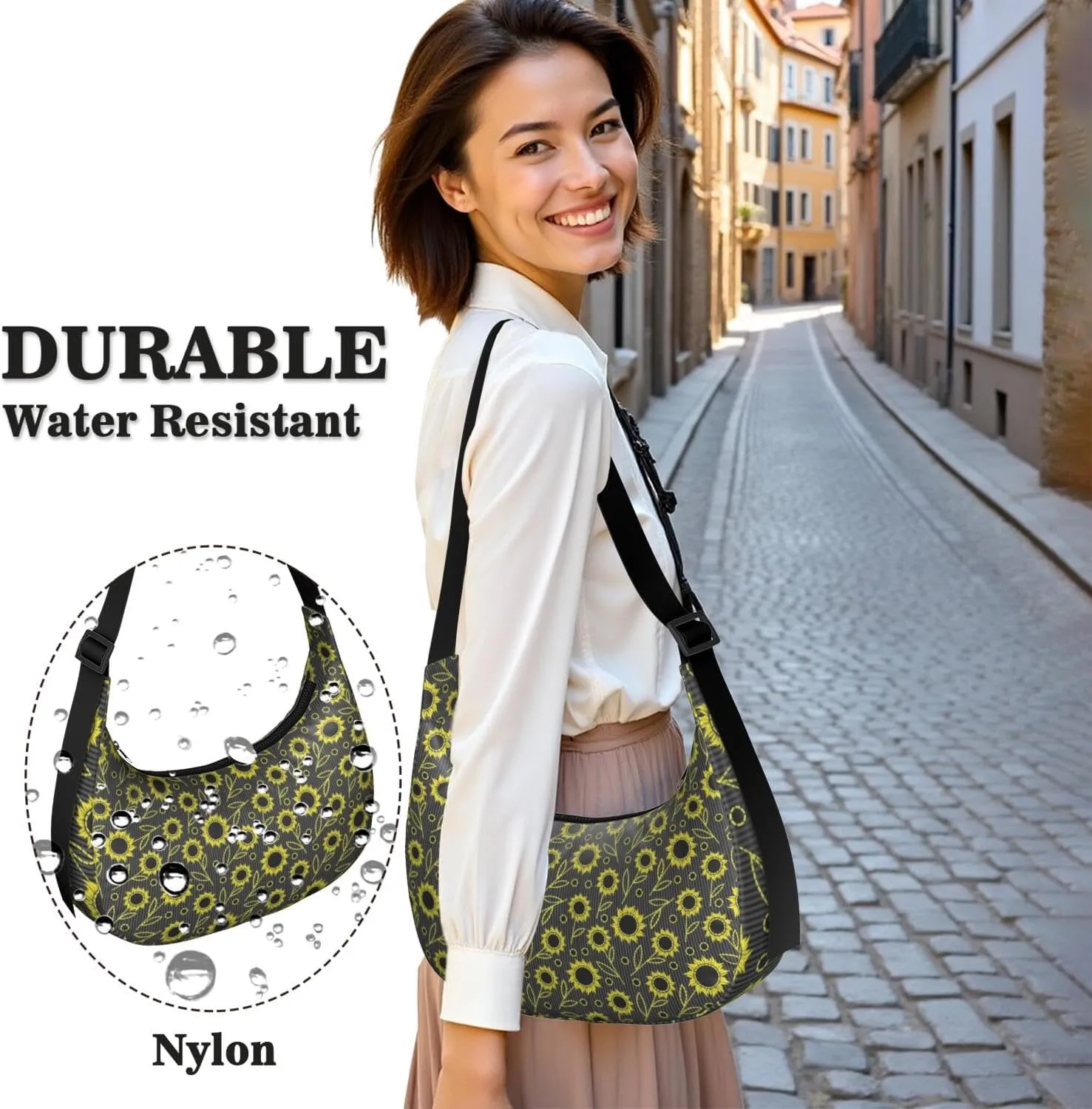 Boho Sunflower Waterproof Nylon Crescent Sling Crossbody Bag Floral Casual Shoulder Bag with Adjustable Strap for Work Travel