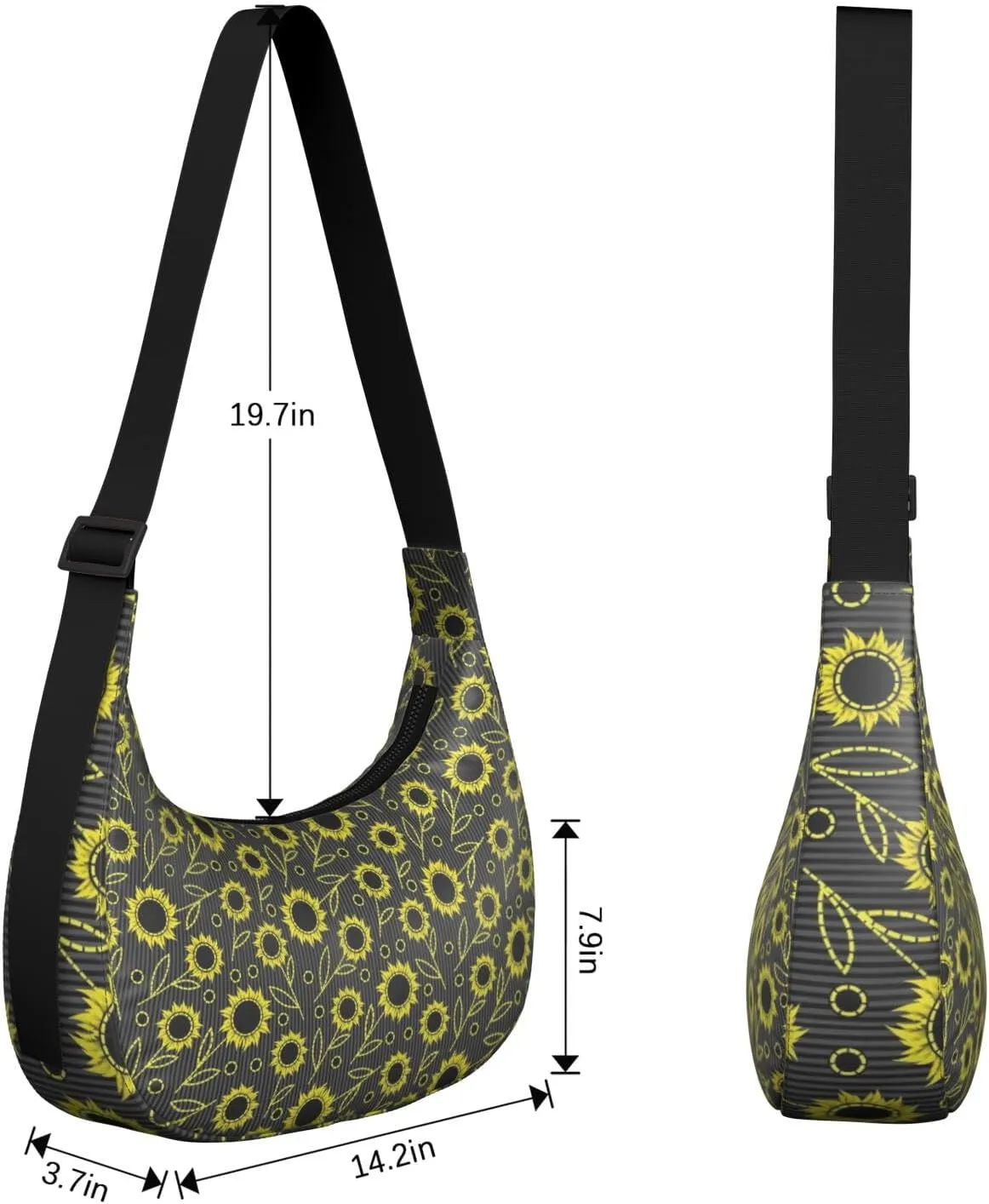Boho Sunflower Waterproof Nylon Crescent Sling Crossbody Bag Floral Casual Shoulder Bag with Adjustable Strap for Work Travel
