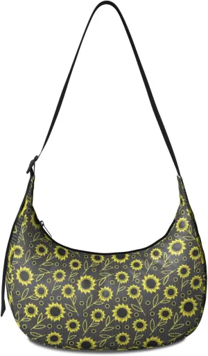 Boho Sunflower Waterproof Nylon Crescent Sling Crossbody Bag Floral Casual Shoulder Bag with Adjustable Strap for Work Travel