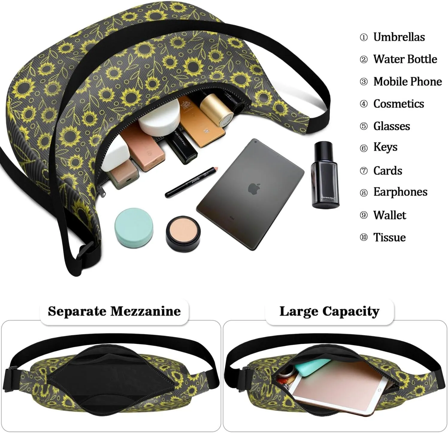 Boho Sunflower Waterproof Nylon Crescent Sling Crossbody Bag Floral Casual Shoulder Bag with Adjustable Strap for Work Travel
