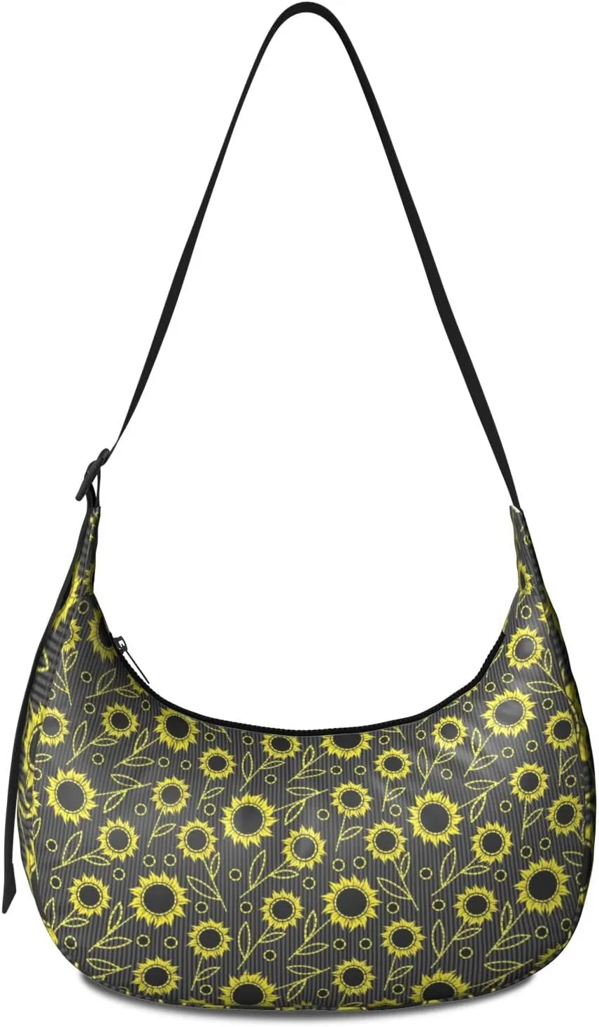 Boho Sunflower Waterproof Nylon Crescent Sling Crossbody Bag Floral Casual Shoulder Bag with Adjustable Strap for Work Travel