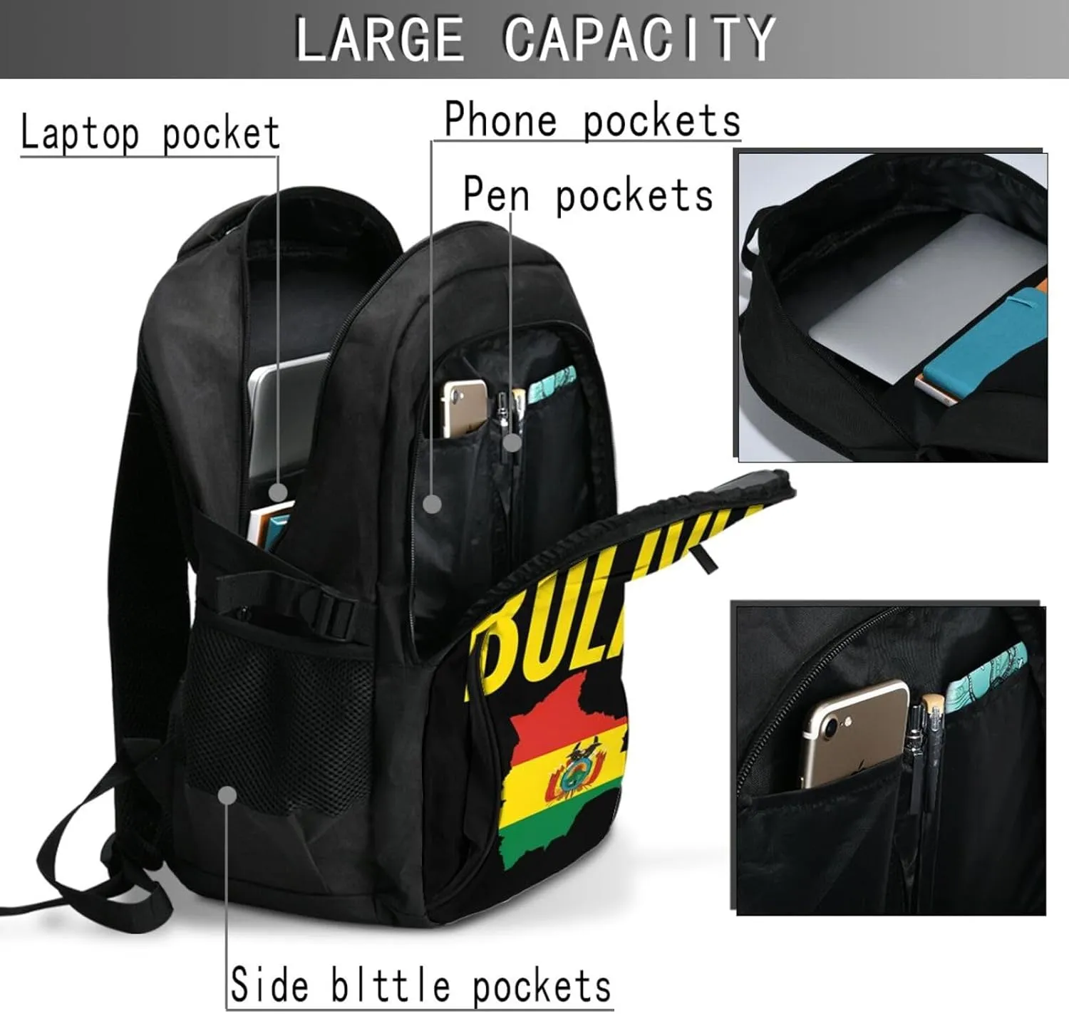 Bolivian Boliva Pride Map Flag Travel Backpacks Casual Backpack Large Capacity Laptop Rucksack Luggage Daypacks with USB Charging Port Multi-Pockets Bags for Hiking