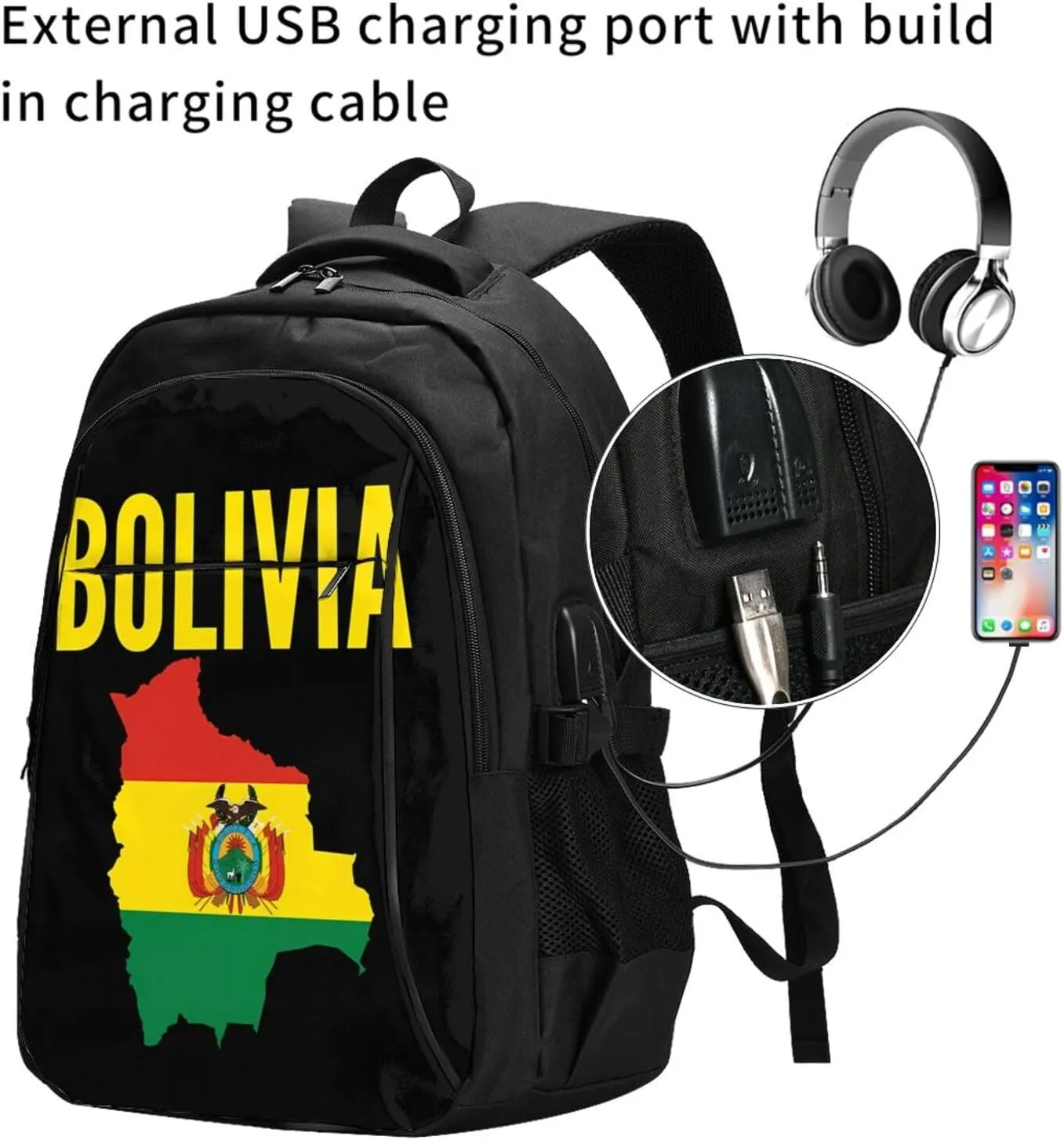 Bolivian Boliva Pride Map Flag Travel Backpacks Casual Backpack Large Capacity Laptop Rucksack Luggage Daypacks with USB Charging Port Multi-Pockets Bags for Hiking