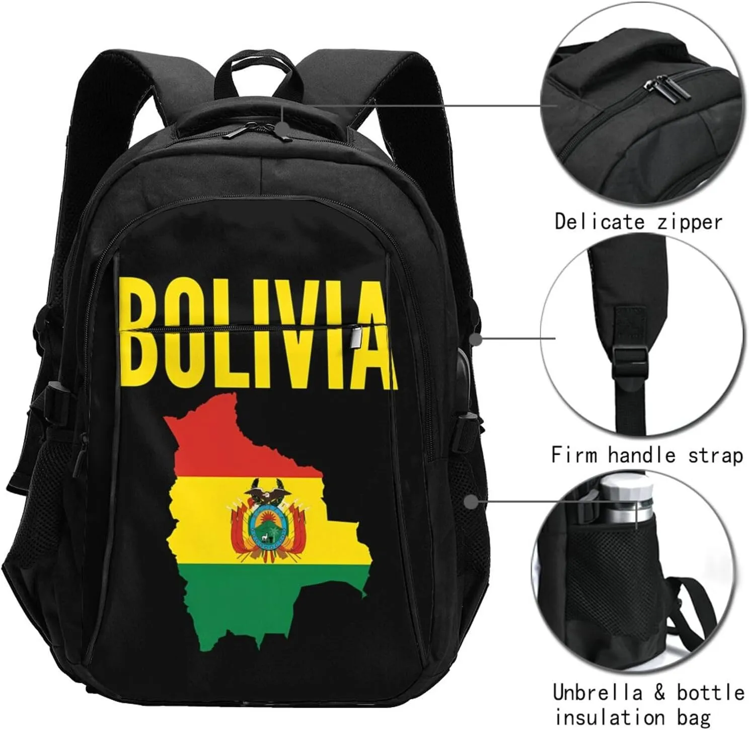Bolivian Boliva Pride Map Flag Travel Backpacks Casual Backpack Large Capacity Laptop Rucksack Luggage Daypacks with USB Charging Port Multi-Pockets Bags for Hiking
