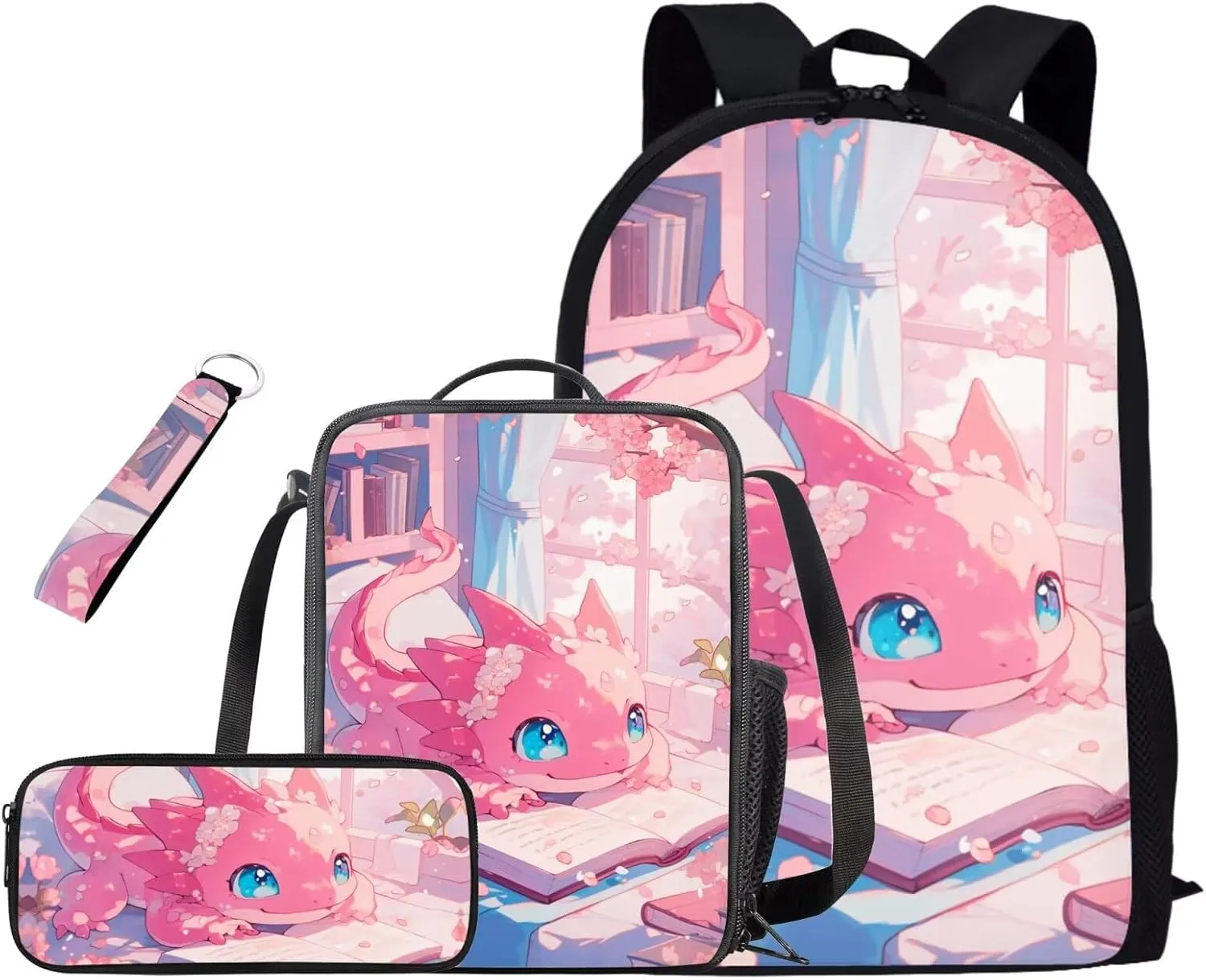 Book Axolotl Kids School Backpack for Girls Bookbags with Lunch Box and Pencil Case 4 Pieces Cute Backpacks for 5th Grade Girls Elementary School Bag Lightweight Daypack for Hiking