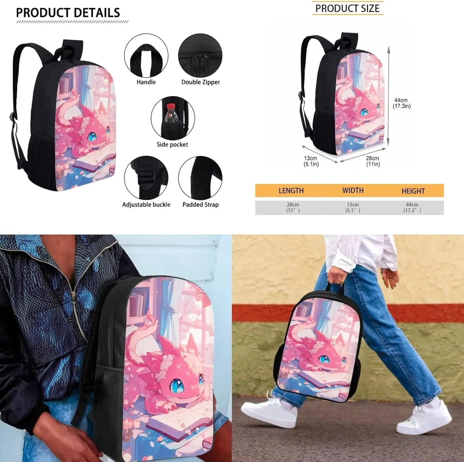 Book Axolotl Kids School Backpack for Girls Bookbags with Lunch Box and Pencil Case 4 Pieces Cute Backpacks for 5th Grade Girls Elementary School Bag Lightweight Daypack for Hiking