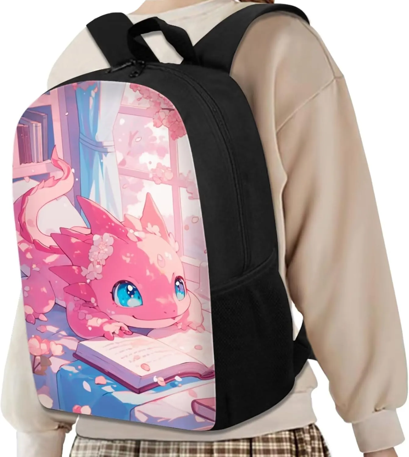 Book Axolotl Kids School Backpack for Girls Bookbags with Lunch Box and Pencil Case 4 Pieces Cute Backpacks for 5th Grade Girls Elementary School Bag Lightweight Daypack for Hiking