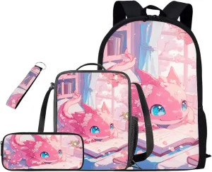 Book Axolotl Kids School Backpack for Girls Bookbags with Lunch Box and Pencil Case 4 Pieces Cute Backpacks for 5th Grade Girls Elementary School Bag Lightweight Daypack for Hiking