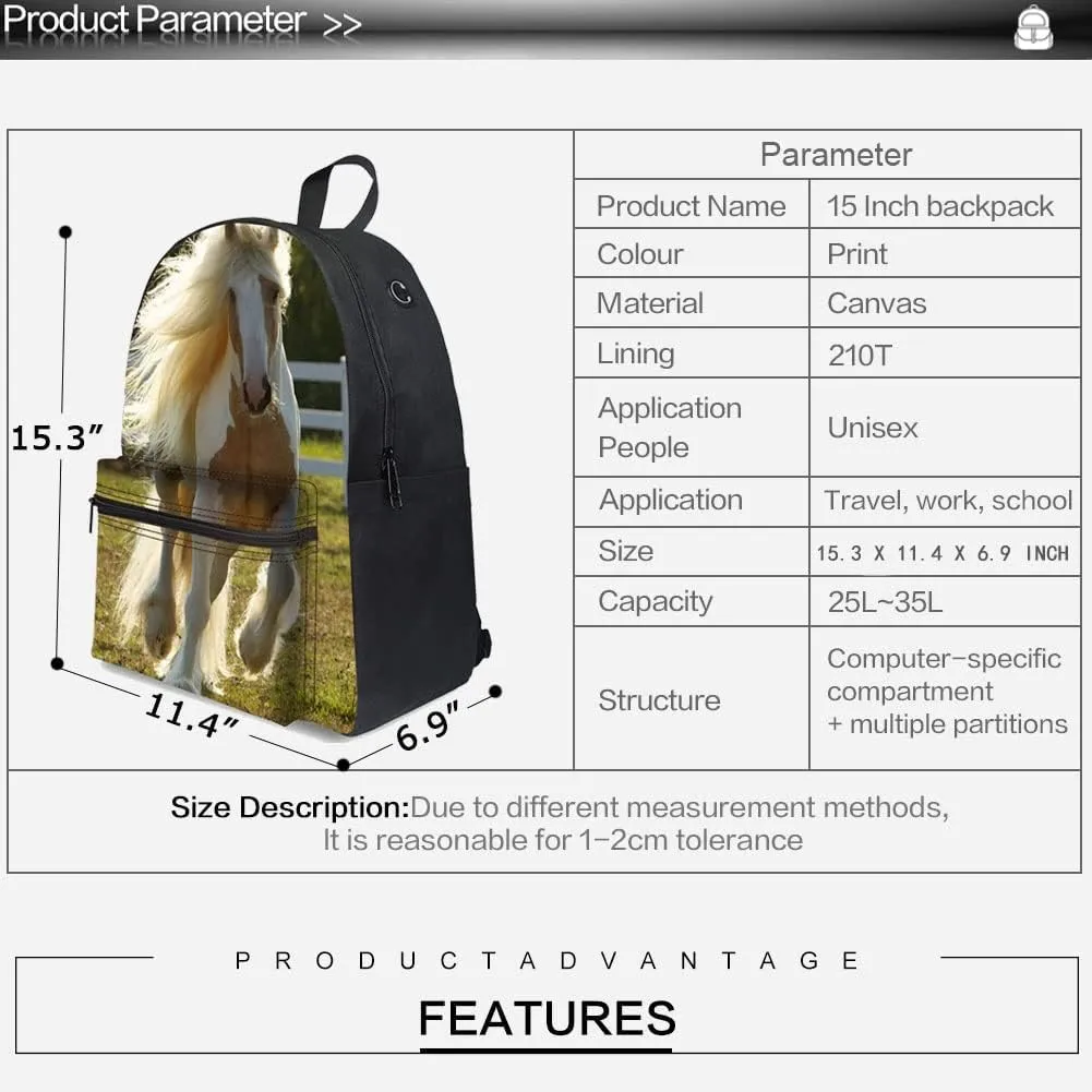 Bookbag School Backpack for Girls Horse Backpacks Elementary 3rd 4th 5th 6th Grade Kids Boys 15.3" Canvas Laptop Bag