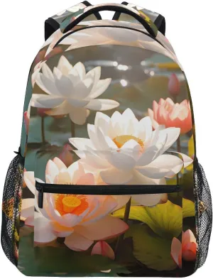 Bookbags Laptop Backpack for High School Adult White Lotus Pond Travel College Teens Student Casual Shoulder Daypack
