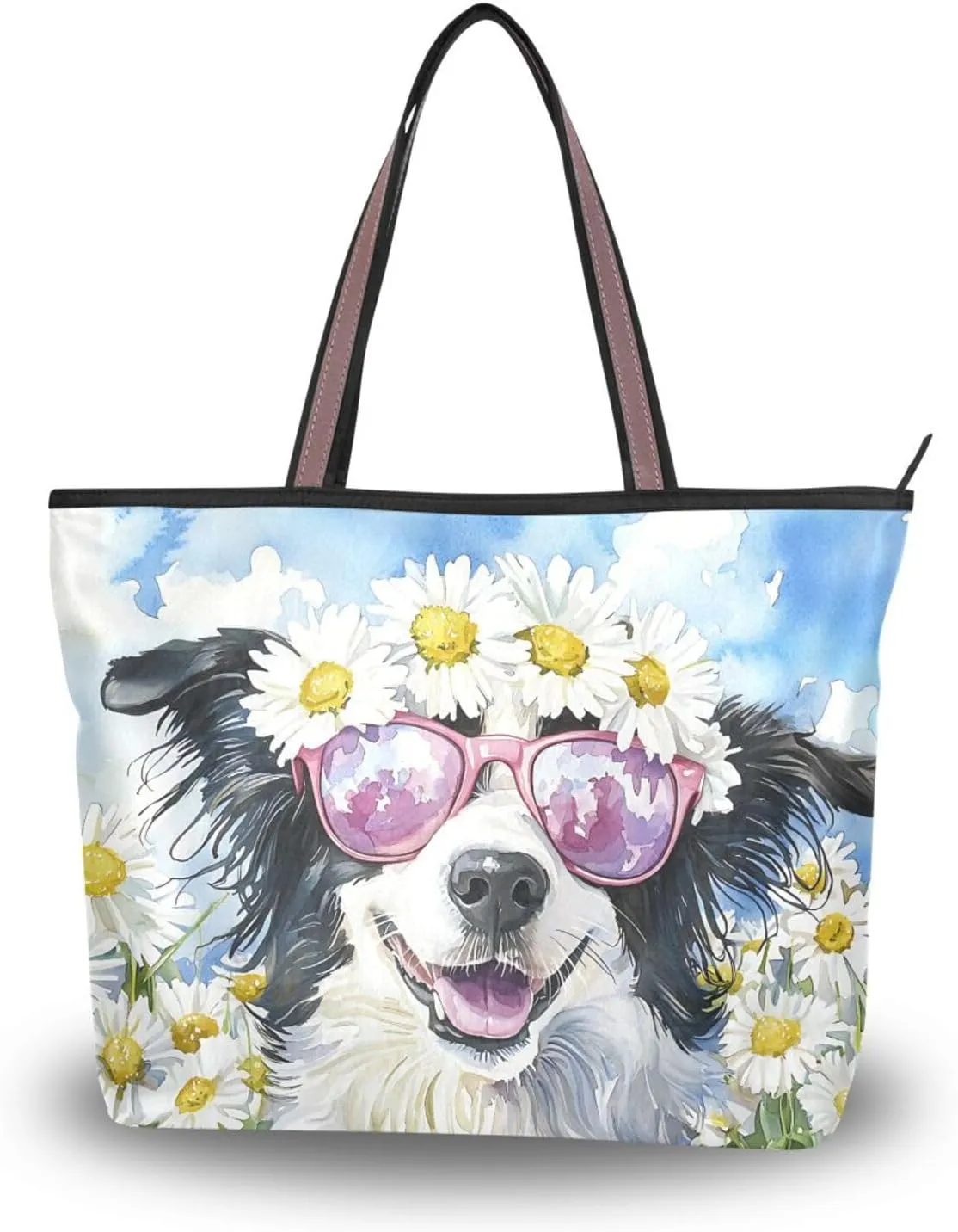 Border Collie Daisy Sunglass Tote Bag for Women Durable Designer Handbag with Zipper for Daily Use L
