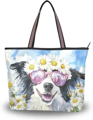 Border Collie Daisy Sunglass Tote Bag for Women Durable Designer Handbag with Zipper for Daily Use L