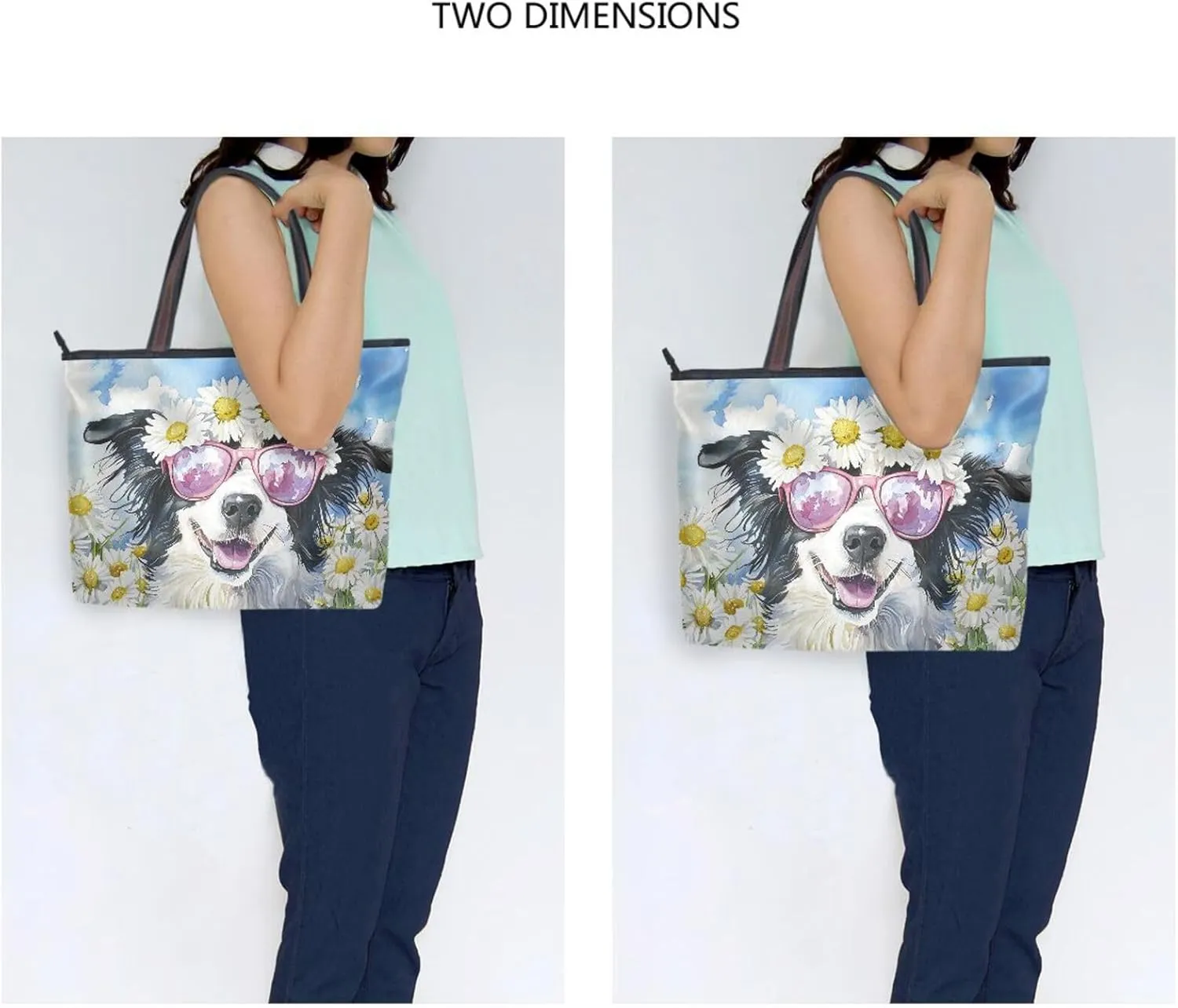 Border Collie Daisy Sunglass Tote Bag for Women Durable Designer Handbag with Zipper for Daily Use L