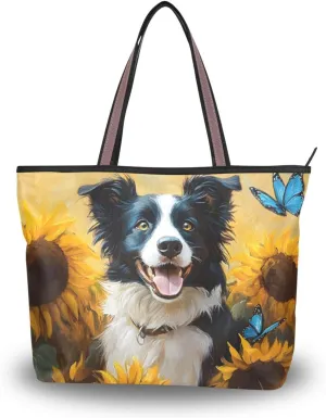 Border Collie Dog Sunflower Tote Bag for Women Durable Designer Handbag with Zipper for Daily Use Travel L